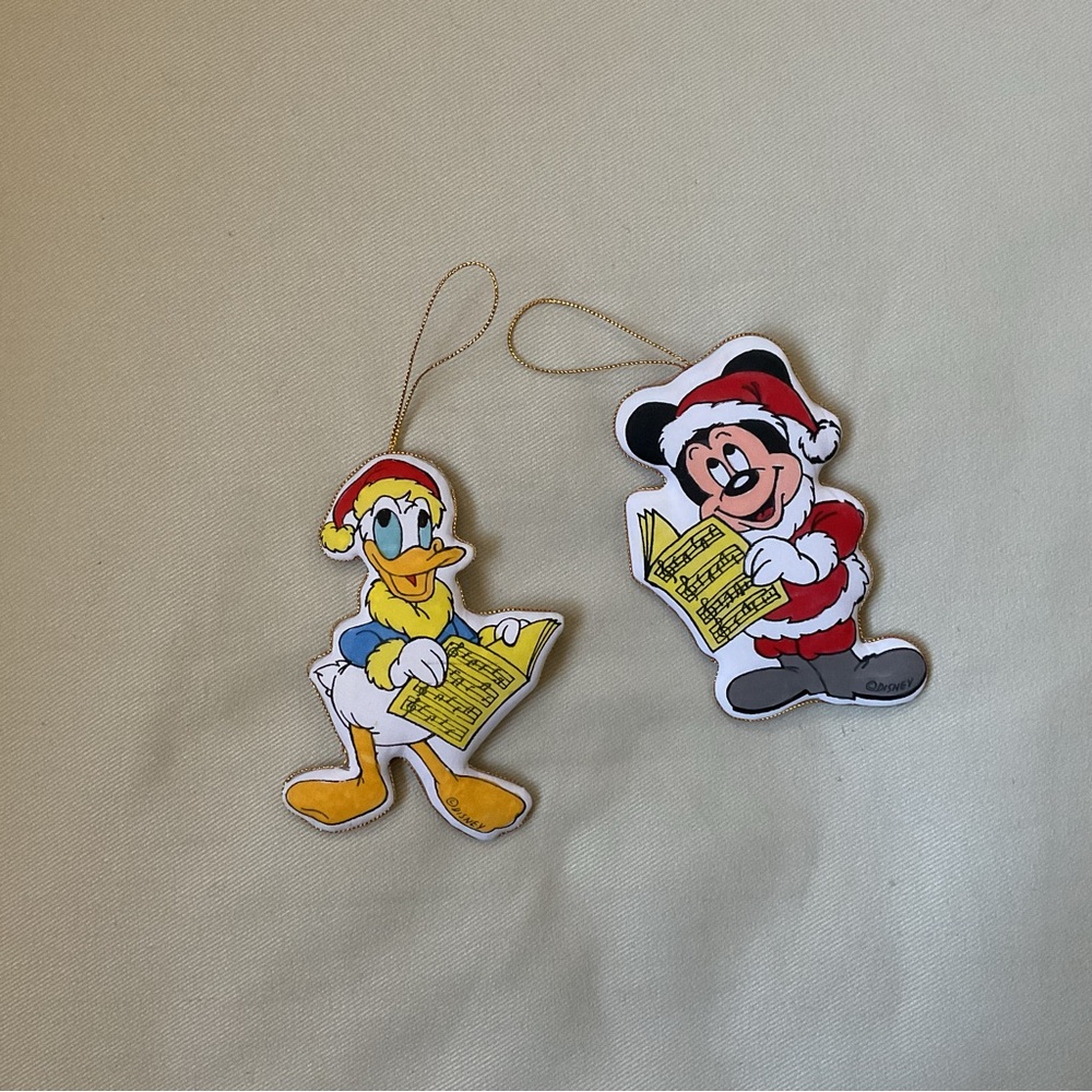 VTG DISNEY Mickey & Donald Fabric Puffy Two Sided Holiday Ornaments *Set of 2